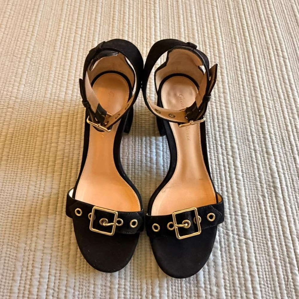 Gianvito Rossi Women's Black Suede Buckle Block Heel Sandals Gold Hardware Sz 37